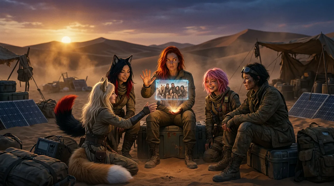 In a desert wasteland at sunset five women