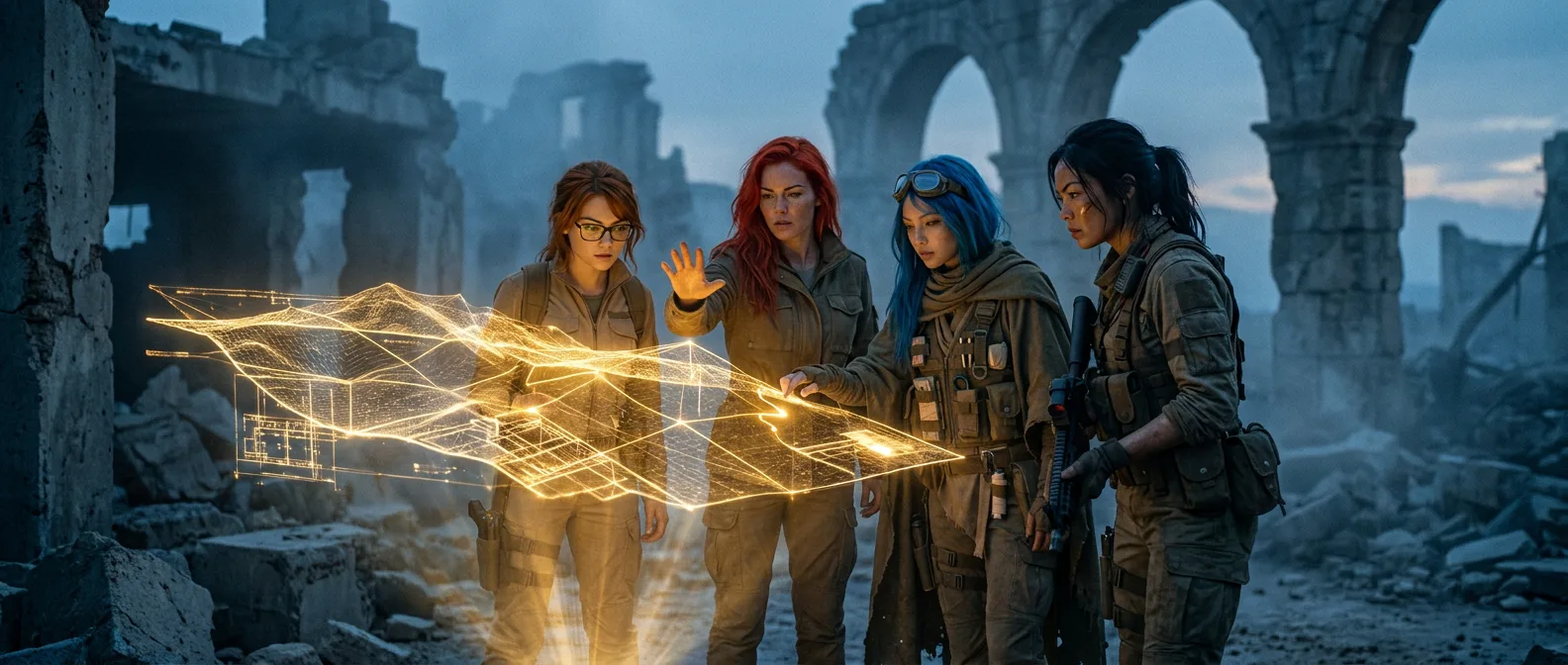 Four women stand amidst the ruins of a destroyed