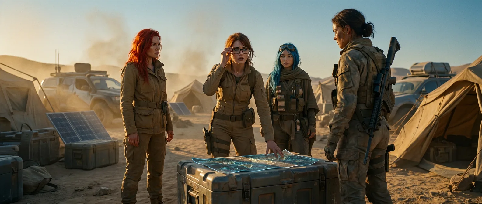 Four women in tactical gear examine a map spread