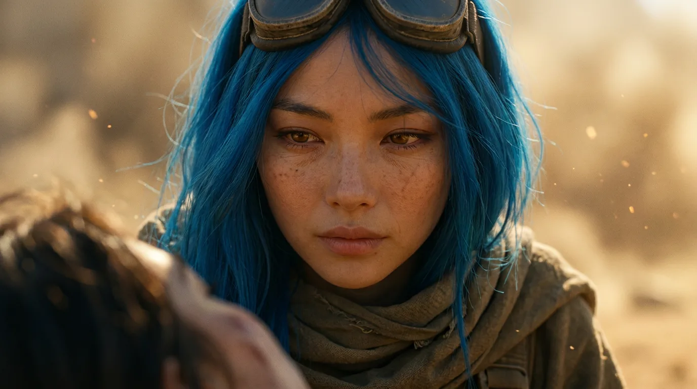 In a sci-fi style a young woman with bright blue