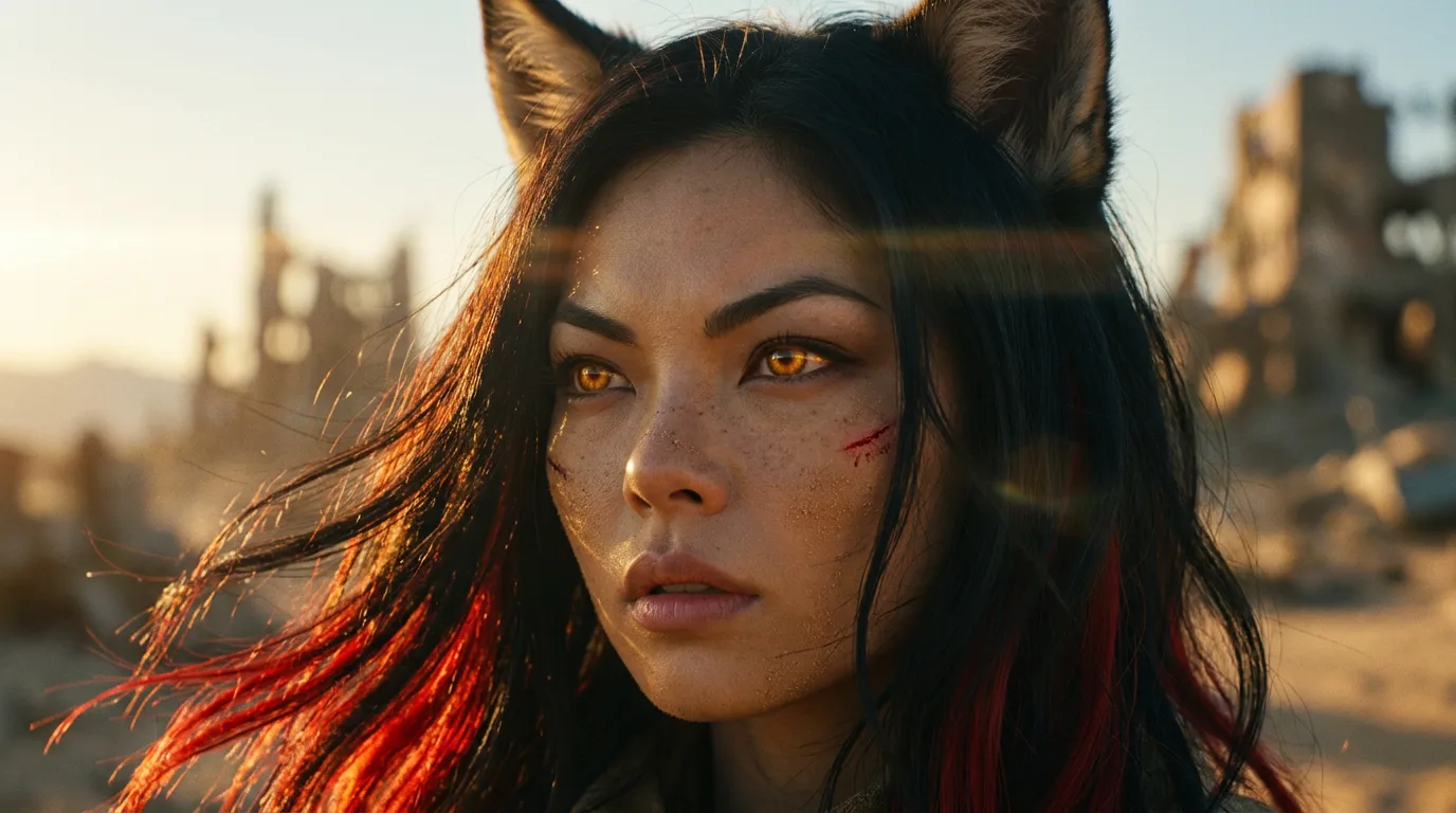 A young woman with wolf-like ears and striking