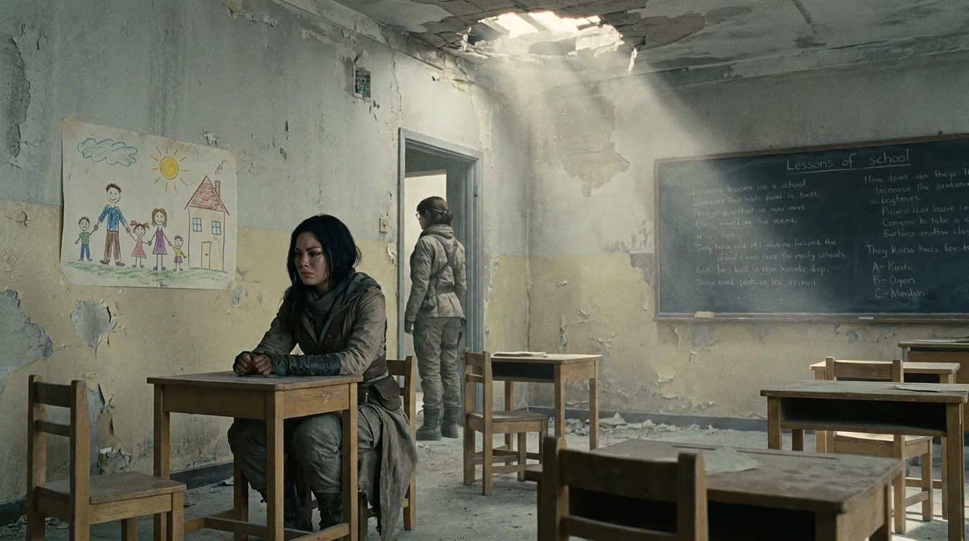 In a post-apocalyptic classroom a woman sits