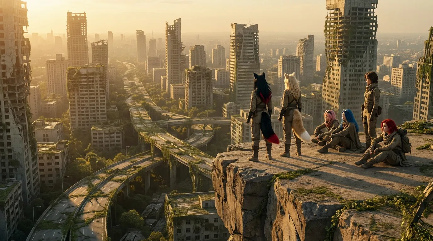 A group of individuals stands on a cliff