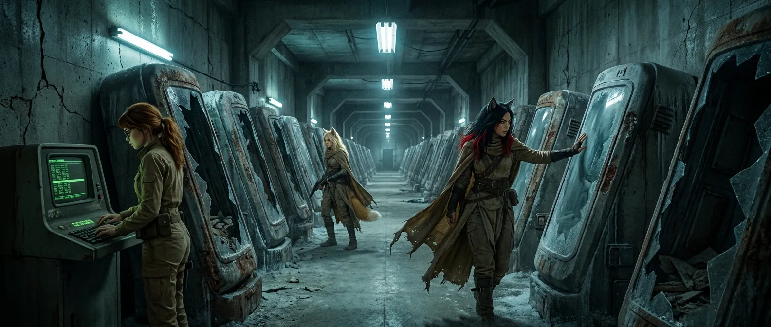 In a post-apocalyptic hallway a woman with