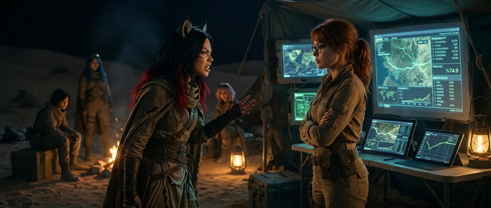 In a cinematic style two women in a desert