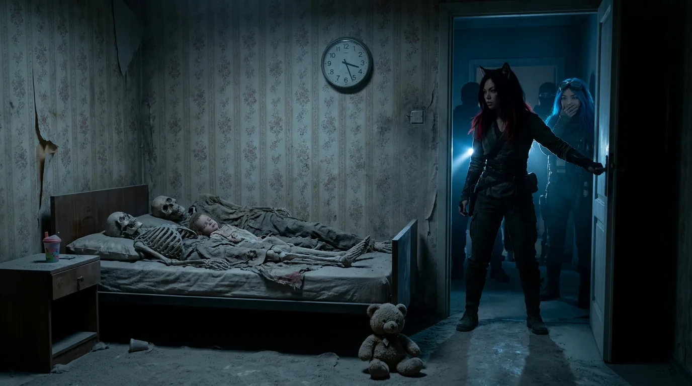 In a post-apocalyptic setting a woman with dark