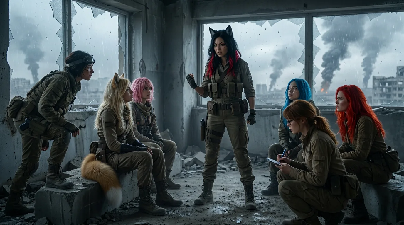A group of women in tactical gear are gathered