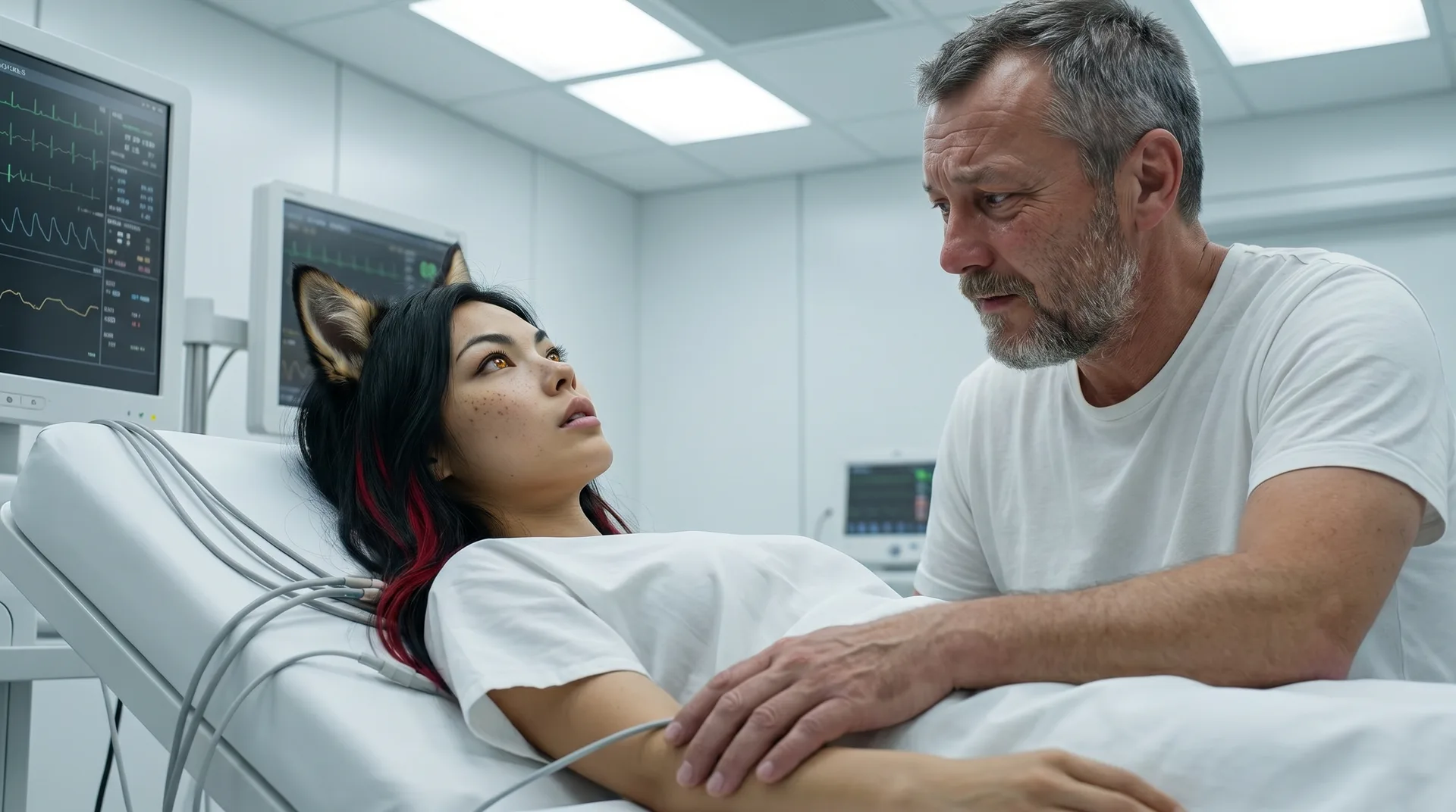 Aika's first body breathes, the seven walk together on the lab roof, Polyák-papa enters cryo. Three moments that define the 300 years that follow. "I never thought it would be like this," says Polyák-papa, his eyes red-rimmed with worry as he leans over the woman in the hospital bed, his hand gently touching her arm. "I'm sorry, Aika. I'm so sorry.