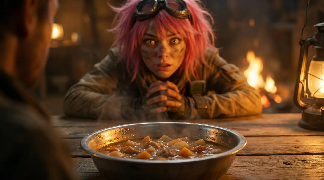 Aika's eyes, tired from the endless expanse of the CORE7 desert, land on Yui, her gaze drawn to the steaming bowl of stew in front of her. The aroma of warm spices and the soft clinking of utensils against metal plates fill the air, a fleeting comfort in this desolate world. Yui's pink hair, a vibrant contrast to the dusty surroundings, seems to glow in the dim light of the lanterns, and for a moment, the crew's burdens are forgotten, replaced by the simple pleasure of a shared meal.