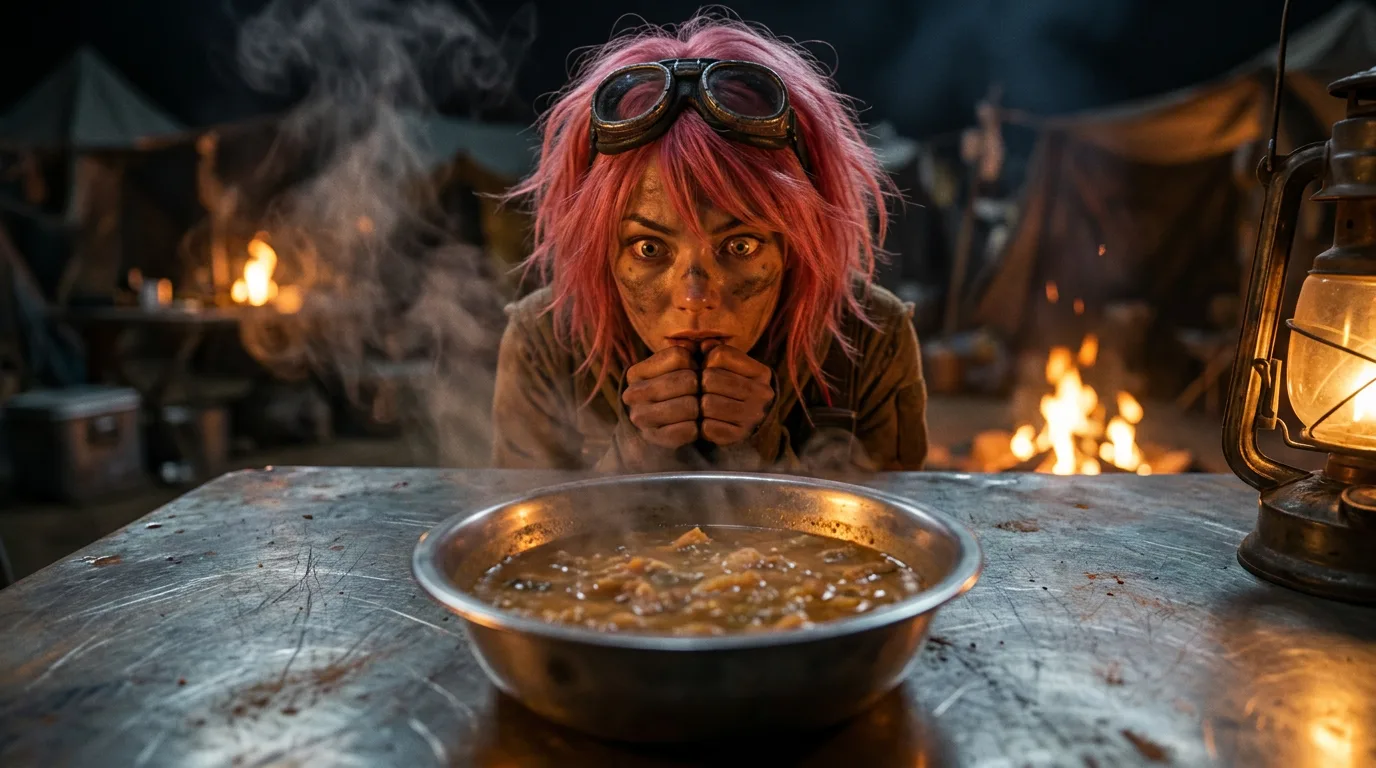 Aika kneels by a metal bowl of steaming, unidentifiable food on a worn, scratched metal table. The air is thick with the smell of burning metal and smoke. Her pink hair is disheveled, her eyes bloodshot, and her skin is smeared with dirt. She breathes in deeply, her eyes fixed on the bowl, the only light coming from a lantern to her right. The bowl's contents seem to be steaming, and Aika's hands are clenched in front of her mouth. The atmosphere is oppressive, with a hint of desperation. Yui's fox-tail is visible behind her, a reminder of the world they've lost. Aika's eyes are haunted, and the weight of their 300-year journey is palpable. The only sound is the hum of the CORE7 broadcast rig, a reminder of their mission to find the Polyák family. The scene is a poignant reminder of the hardships they've faced and the hope that drives