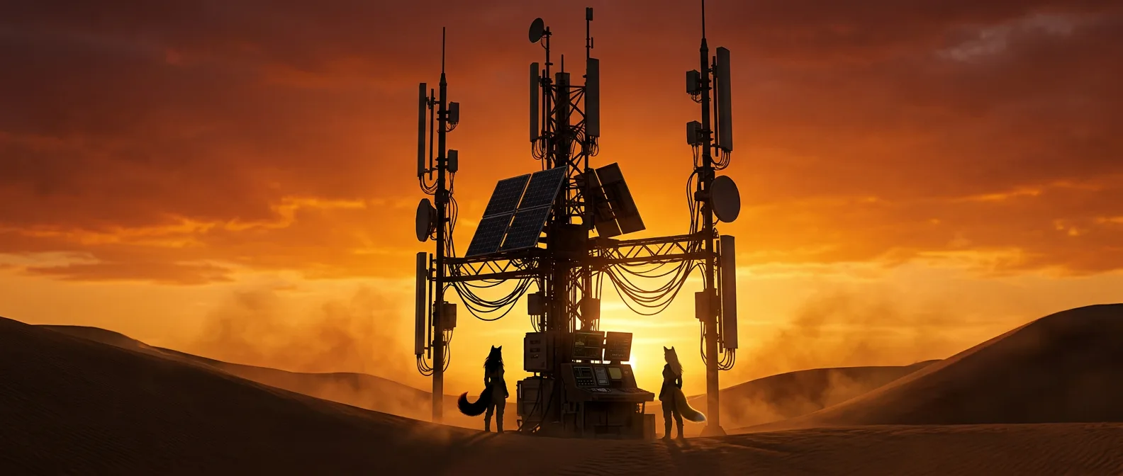 As the sun dips below the horizon, casting a golden glow over the endless sand dunes, the Vespera crew pauses at the edge of their makeshift camp. Aika's CORE7 rig stands sentinel, its metal frame a testament to their relentless search for the Polyák family, while the crew's silhouettes, shrouded in shadow, seem to merge with the desert's dark expanse. The air is heavy with the scent of metal and the distant hum of the rig, a reminder of their journey through the desolate, radiation-scarred landscape.