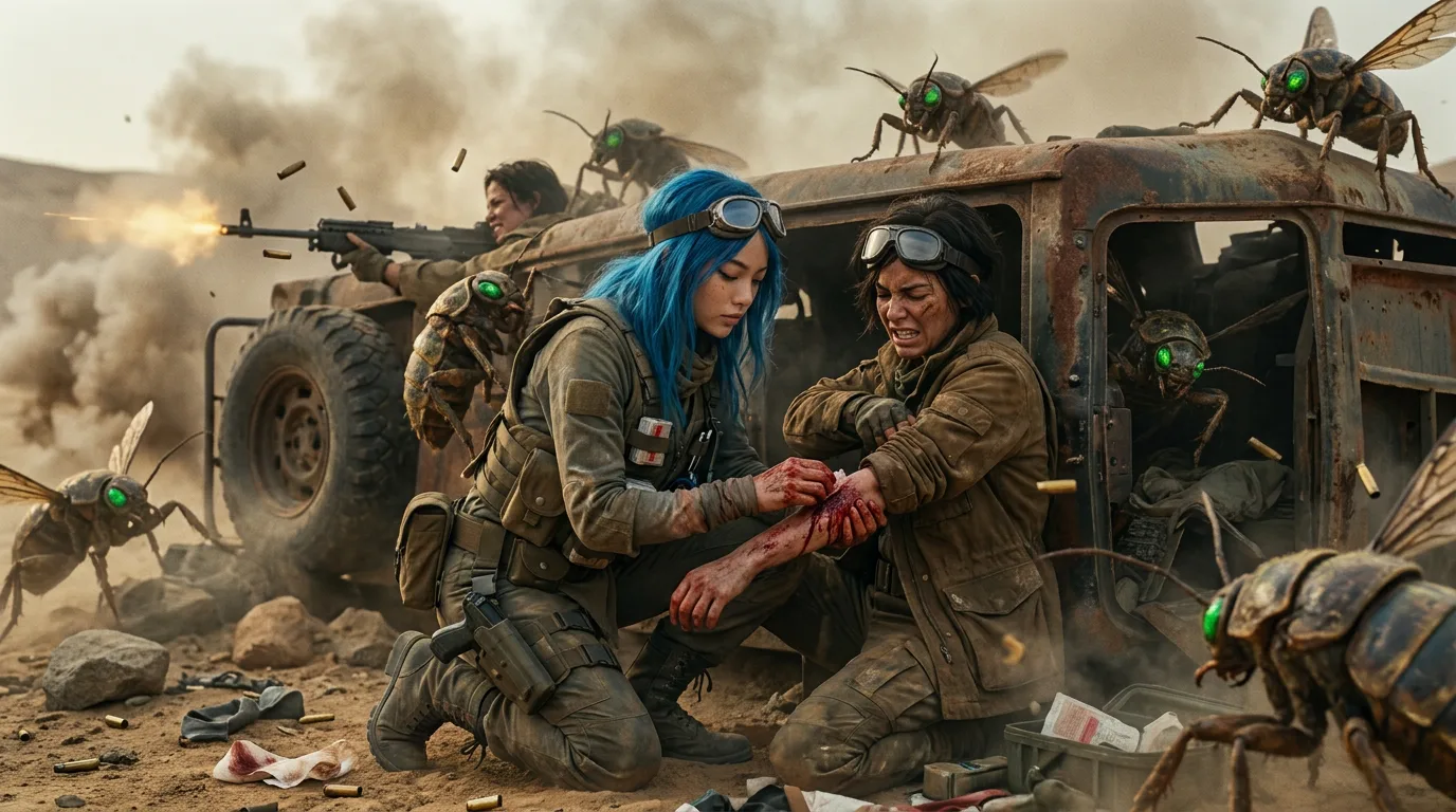 In a gritty post-apocalyptic style two women
