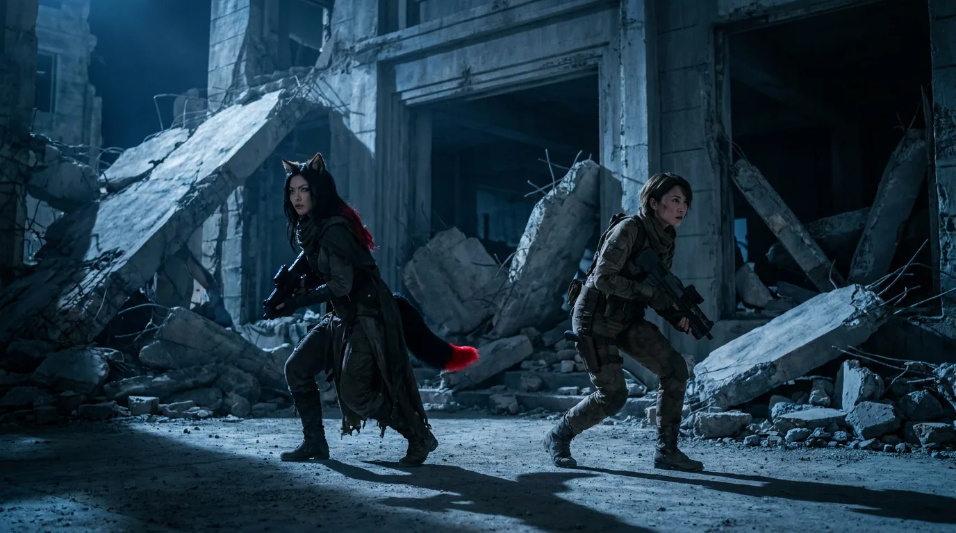 In a cinematic style two women move cautiously