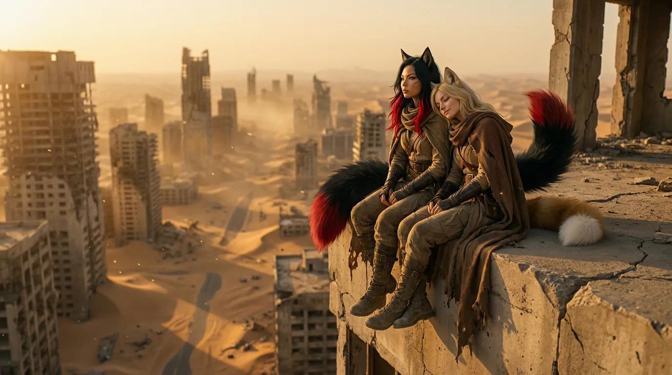 In a post-apocalyptic desert cityscape two women