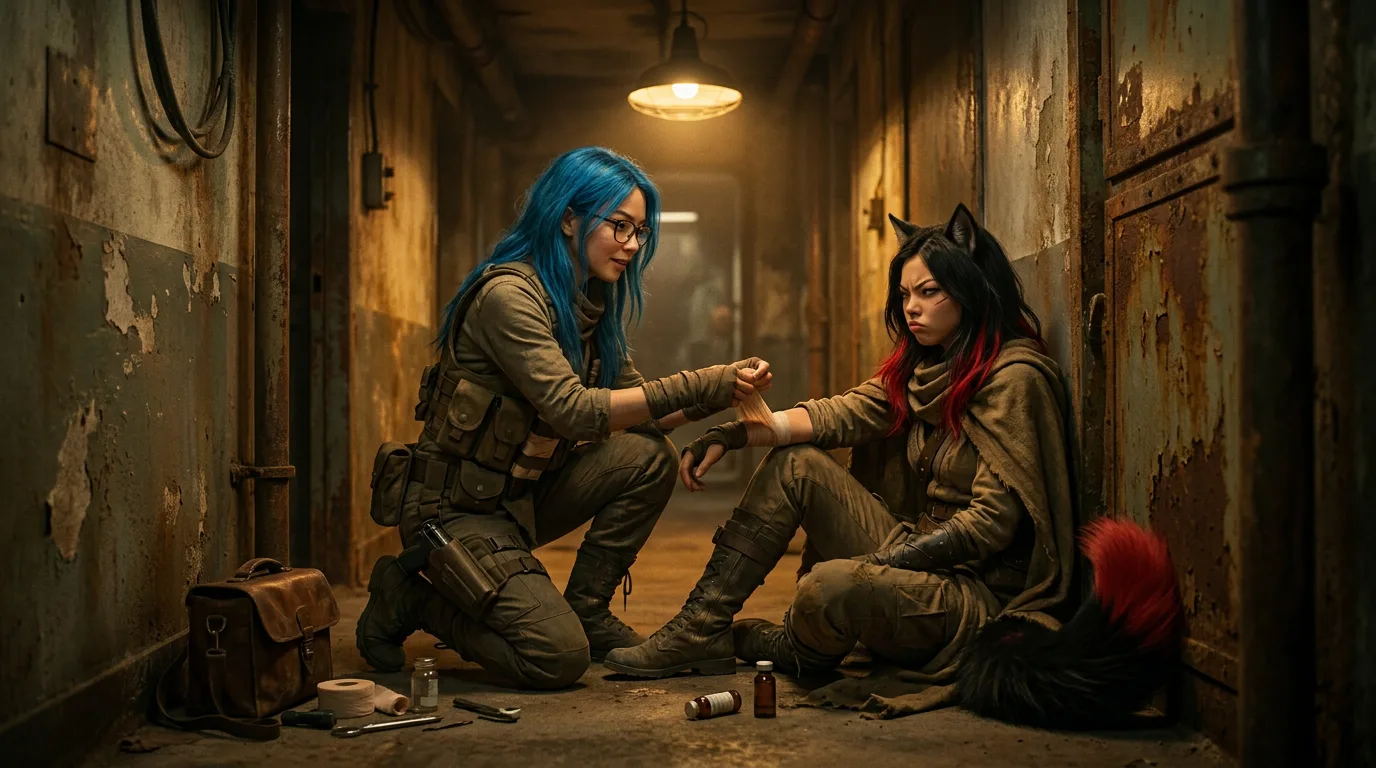 In a post-apocalyptic hallway a person with blue