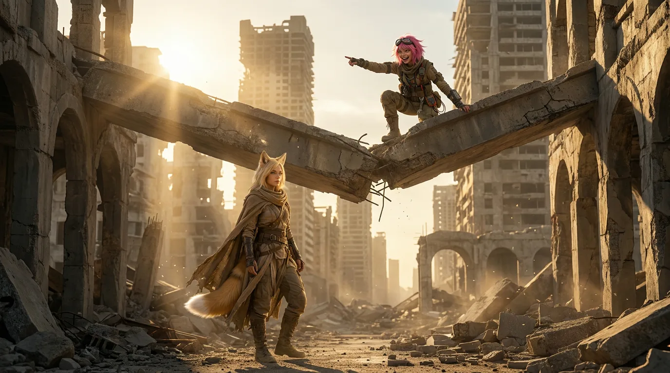 In a post-apocalyptic city a woman with blonde