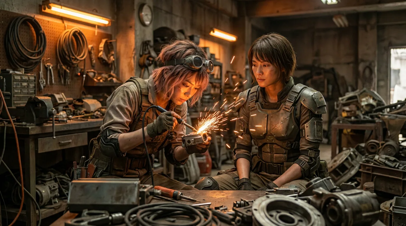In a gritty industrial workshop two women