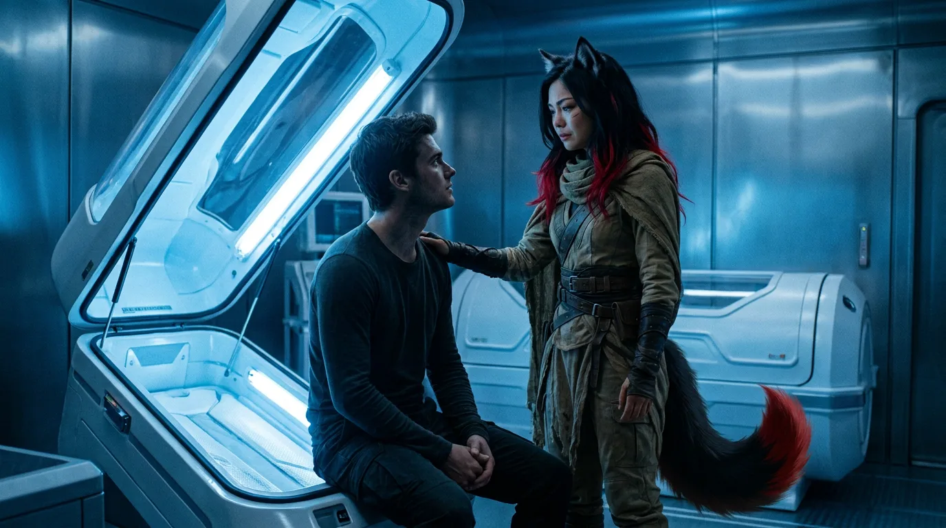 In a sci-fi style a man sits beside an open