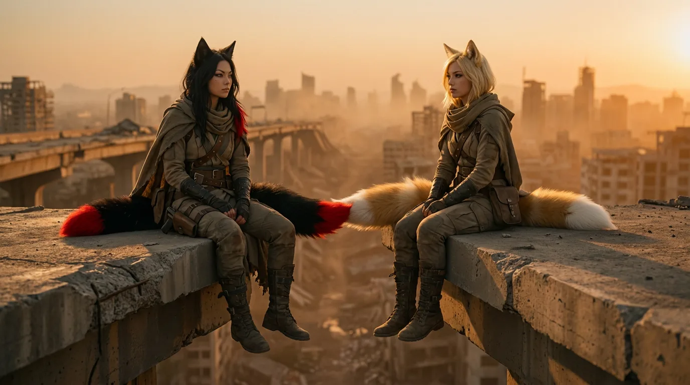 Two people one with black hair and red accents