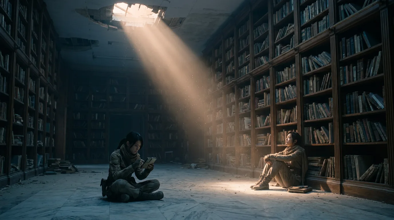 In a post-apocalyptic style two women sit amidst