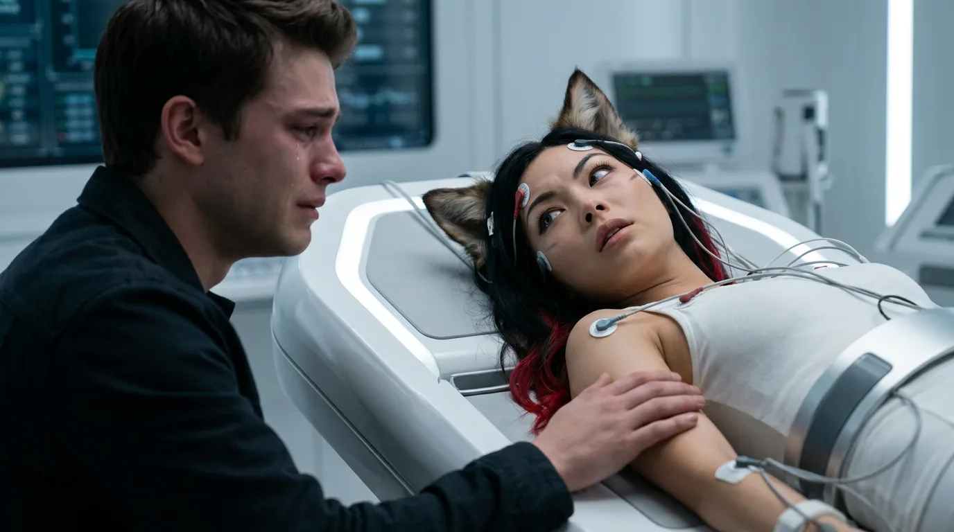 A crying man looks at a woman with animal ears