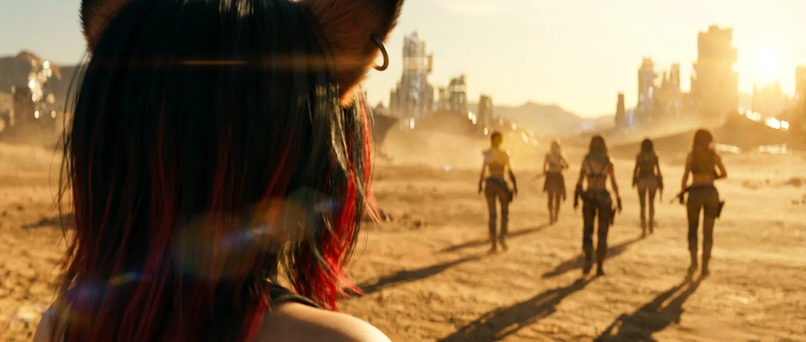In a sci-fi wasteland a woman with black hair