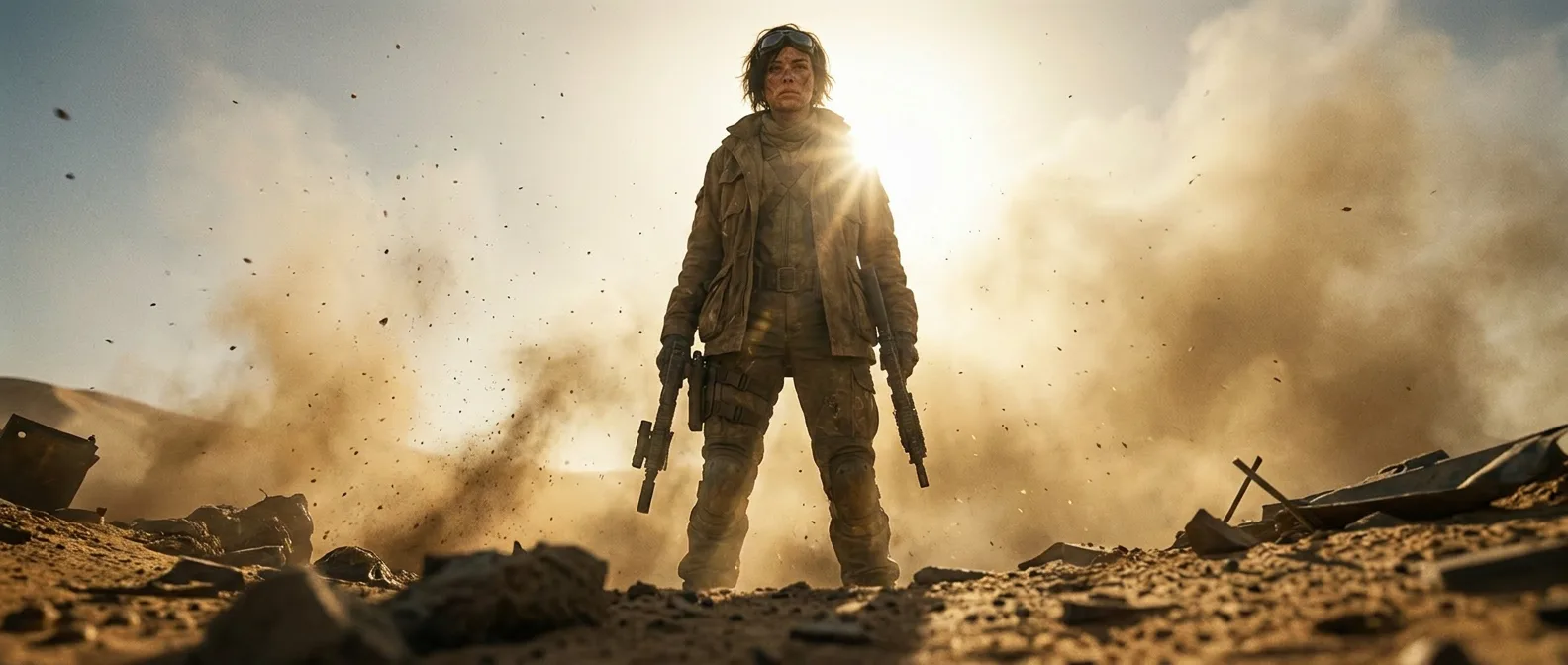 In a gritty realistic style a person stands