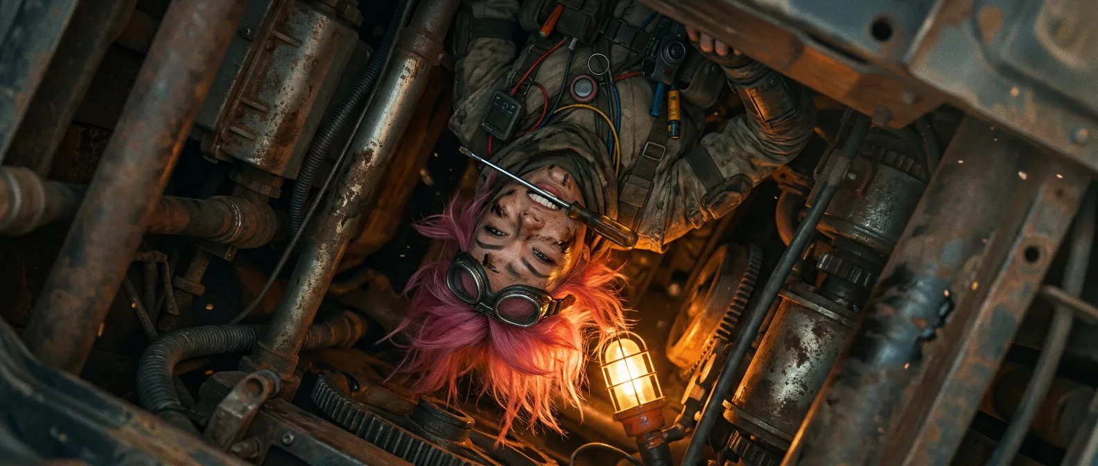 In a gritty industrial style a woman with pink