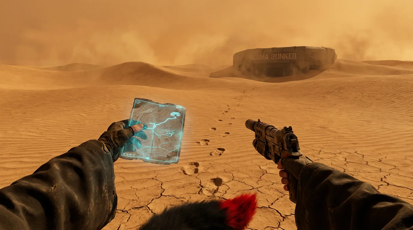 In a desolate desert landscape a person holds