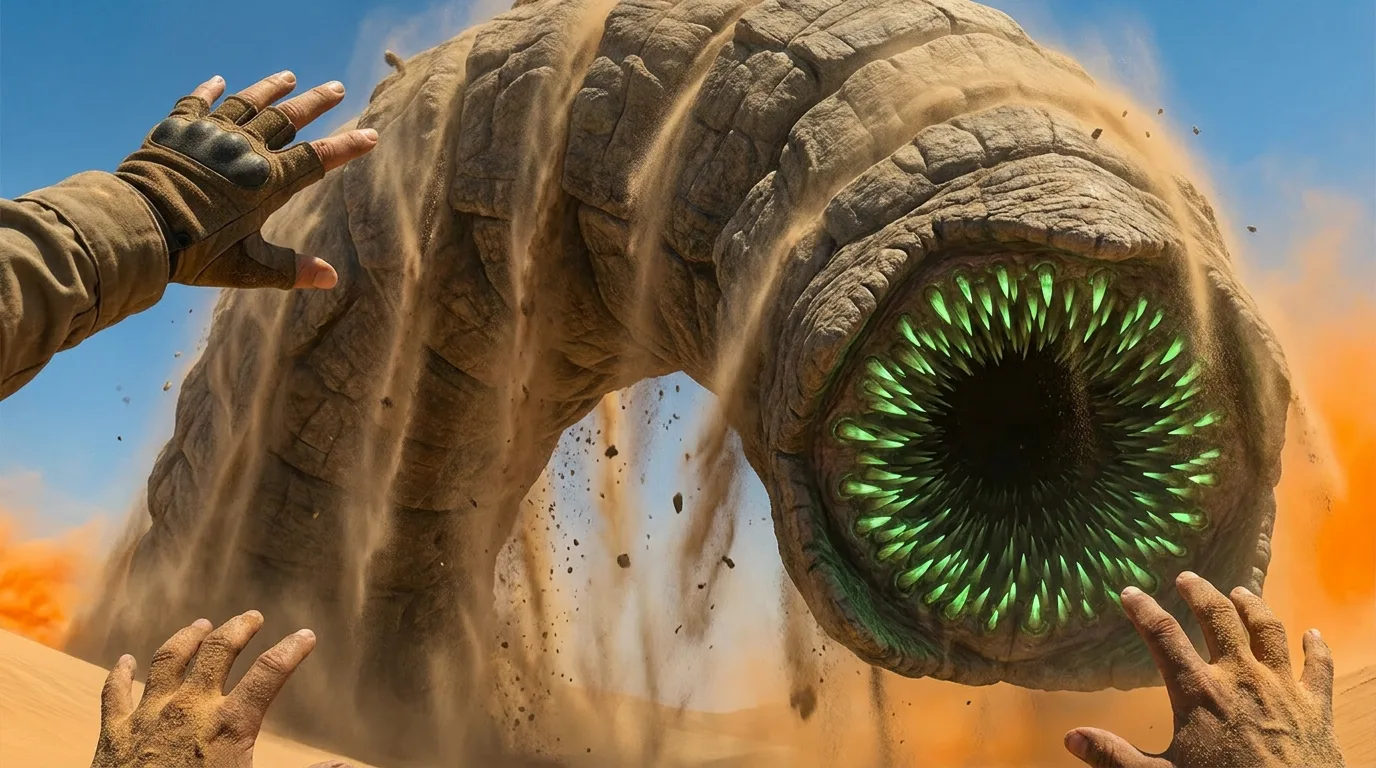 In a cinematic style a colossal sand worm