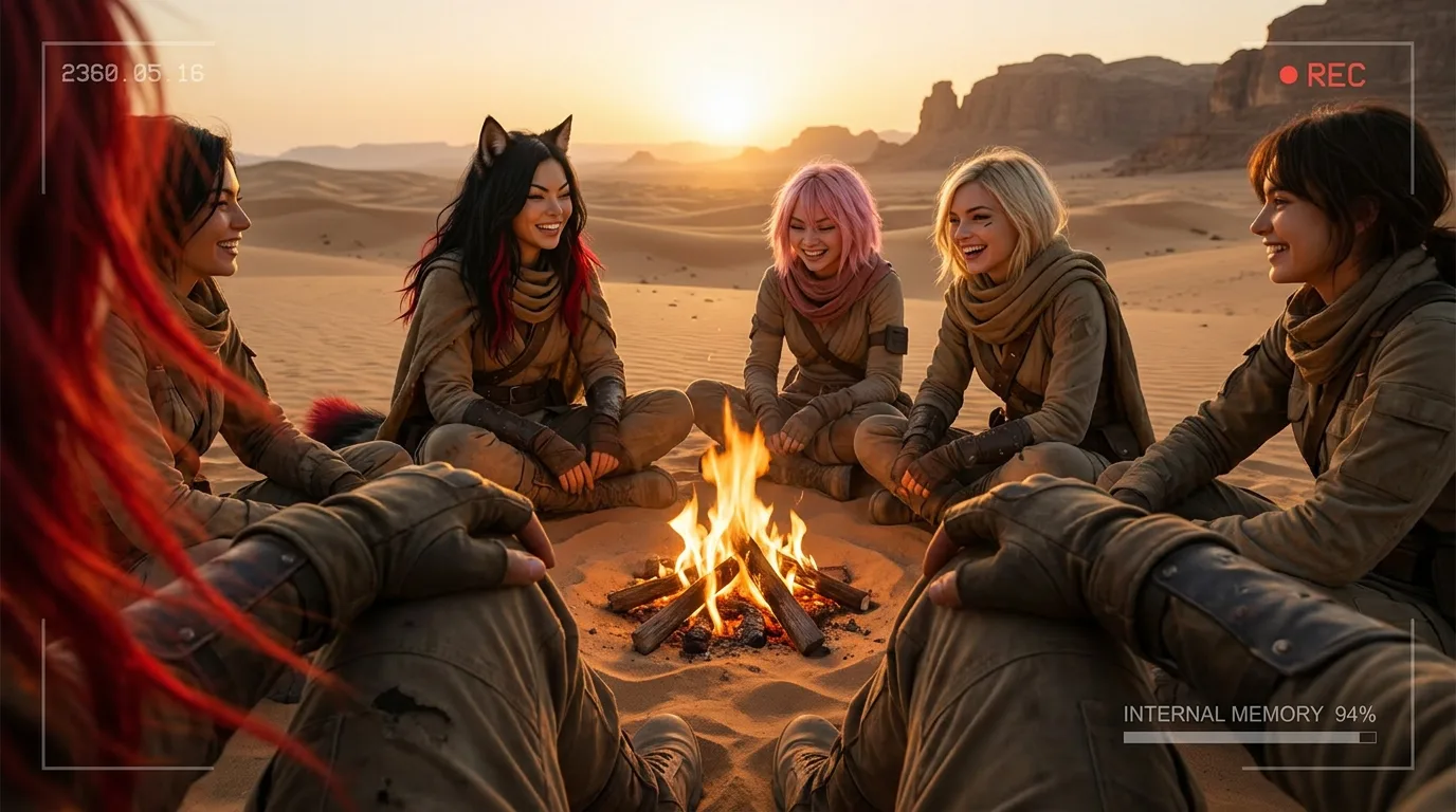 In a desert landscape at sunset a group of young