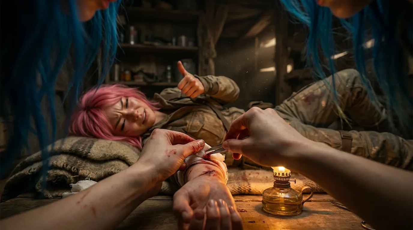 In a dark rustic setting a woman with pink hair