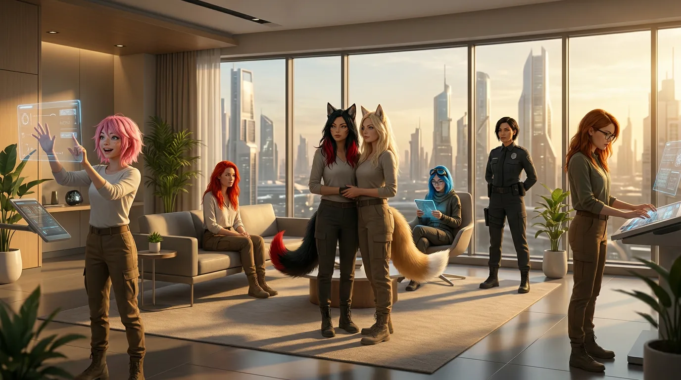 In a futuristic lounge several women interact
