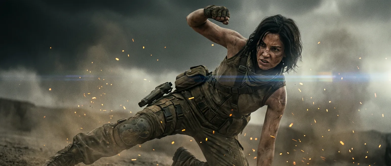 In a gritty action style a determined woman