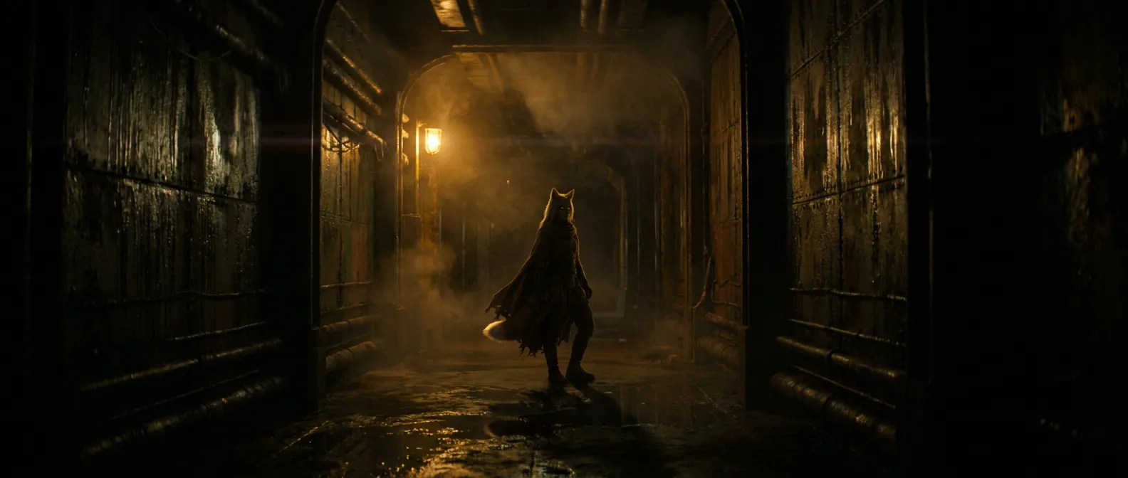 A person with a fox-like mask and tattered cloak