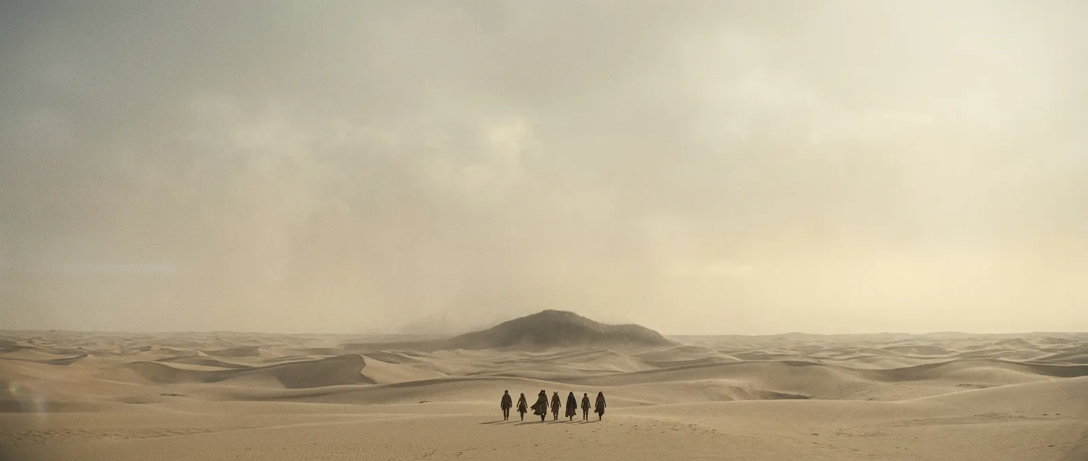 A group of figures walks across a desolate sand