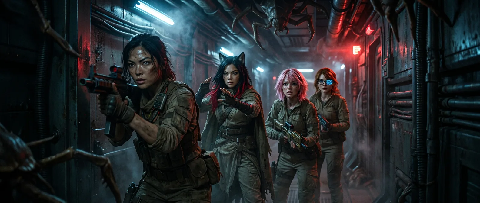 Four women in tactical gear advance down a dimly