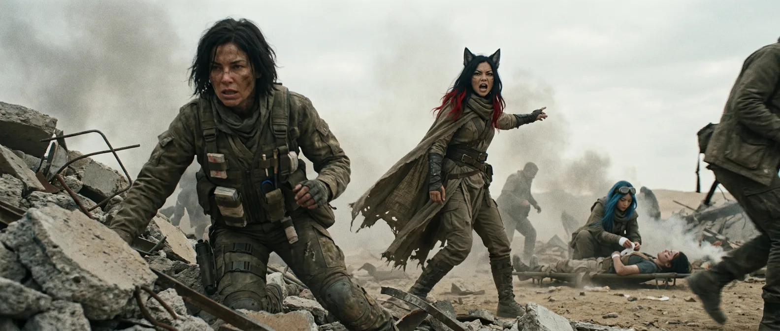 In a gritty post-apocalyptic style a determined