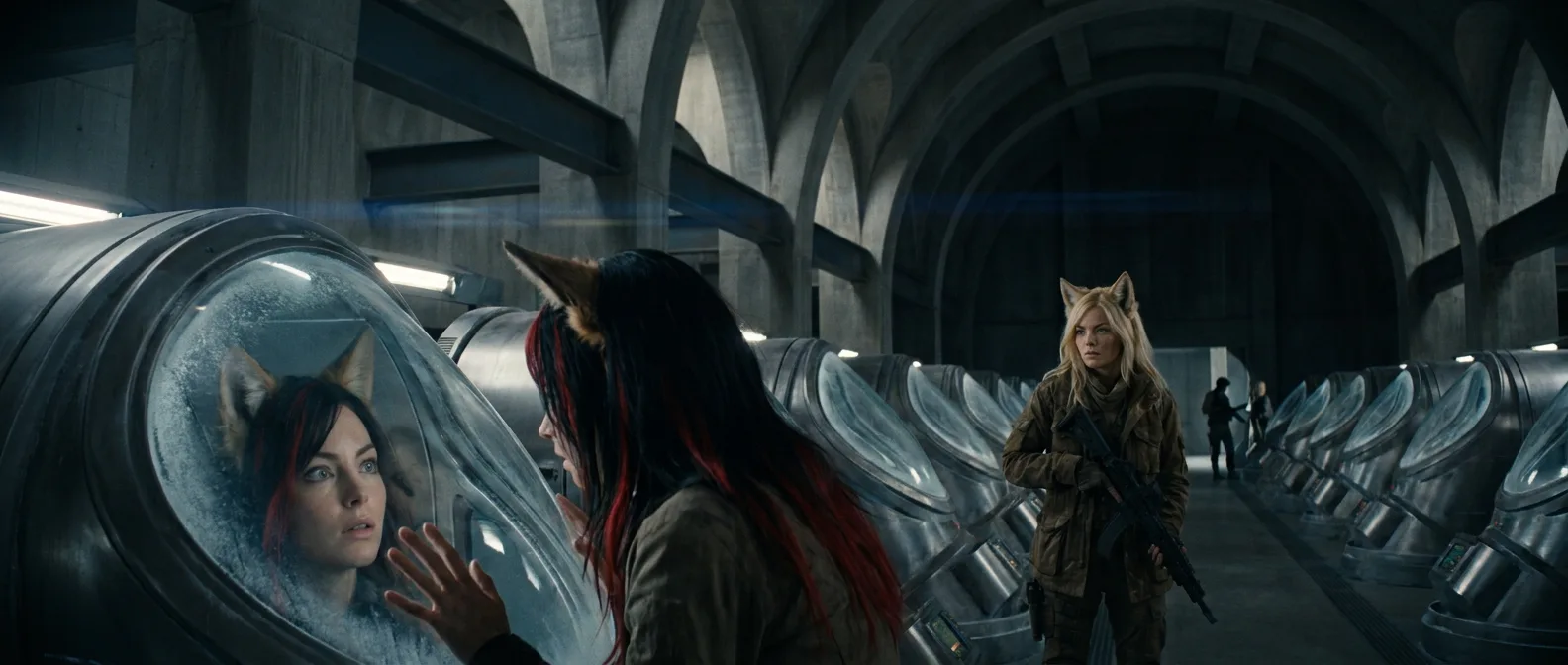 In a sci-fi action style a woman with dark hair
