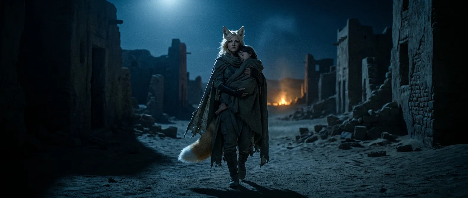In a dark moonlit scene a woman with fox ears