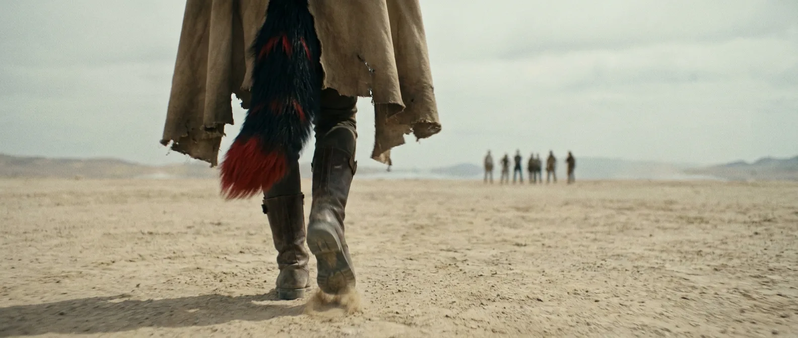In a cinematic style a person walks across