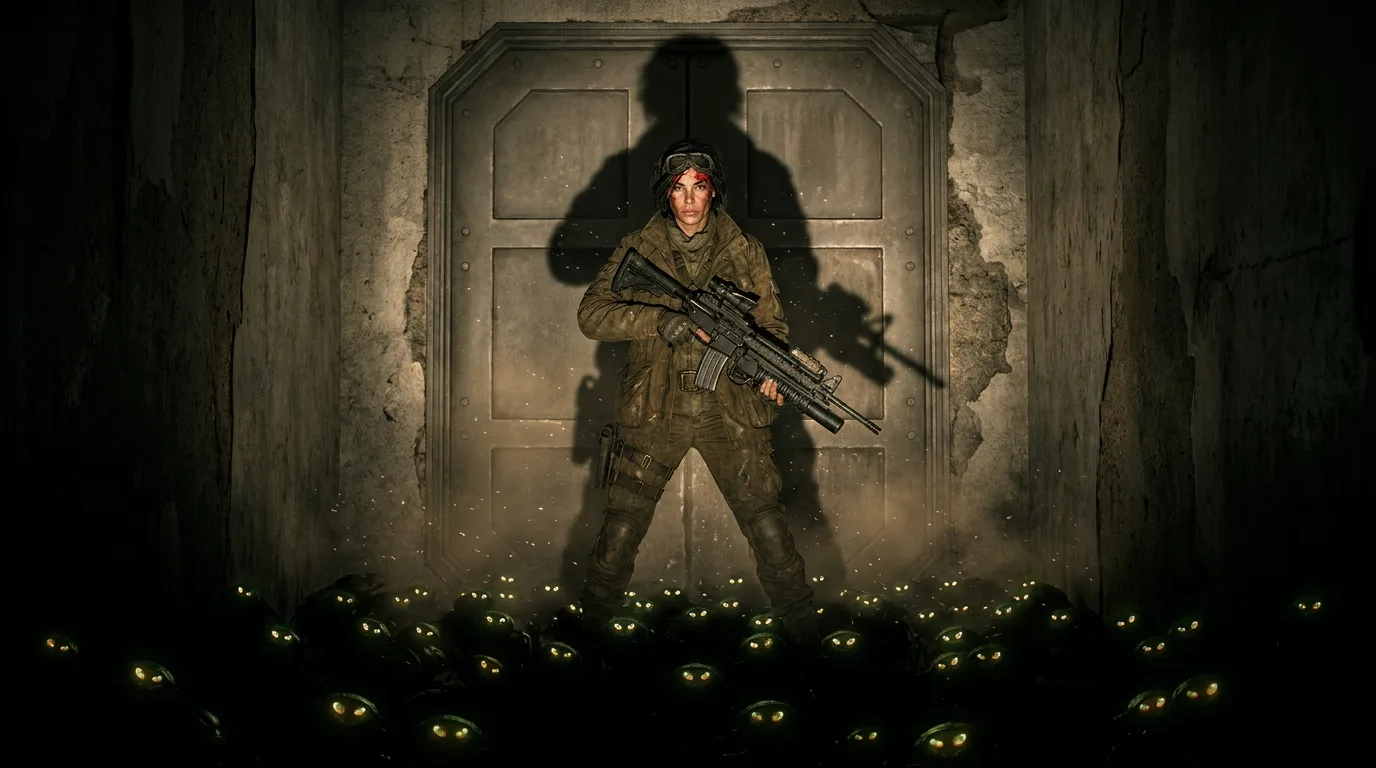 A determined woman stands before a large
