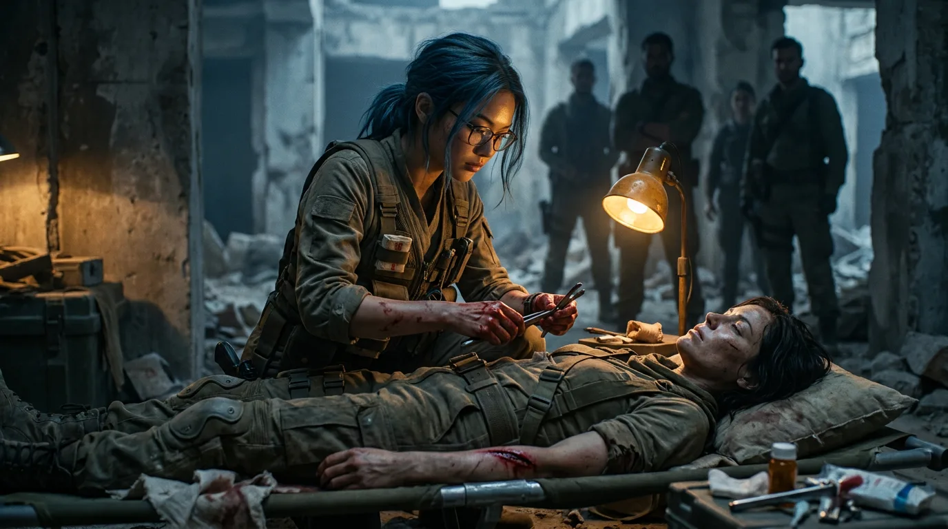 In a gritty post-apocalyptic style a medic with