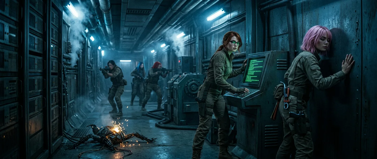 In a dystopian sci-fi style a team of women