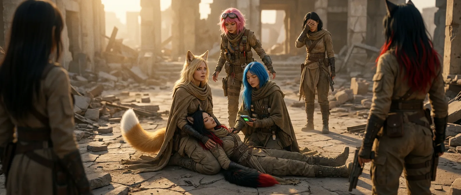 In a post-apocalyptic landscape a group