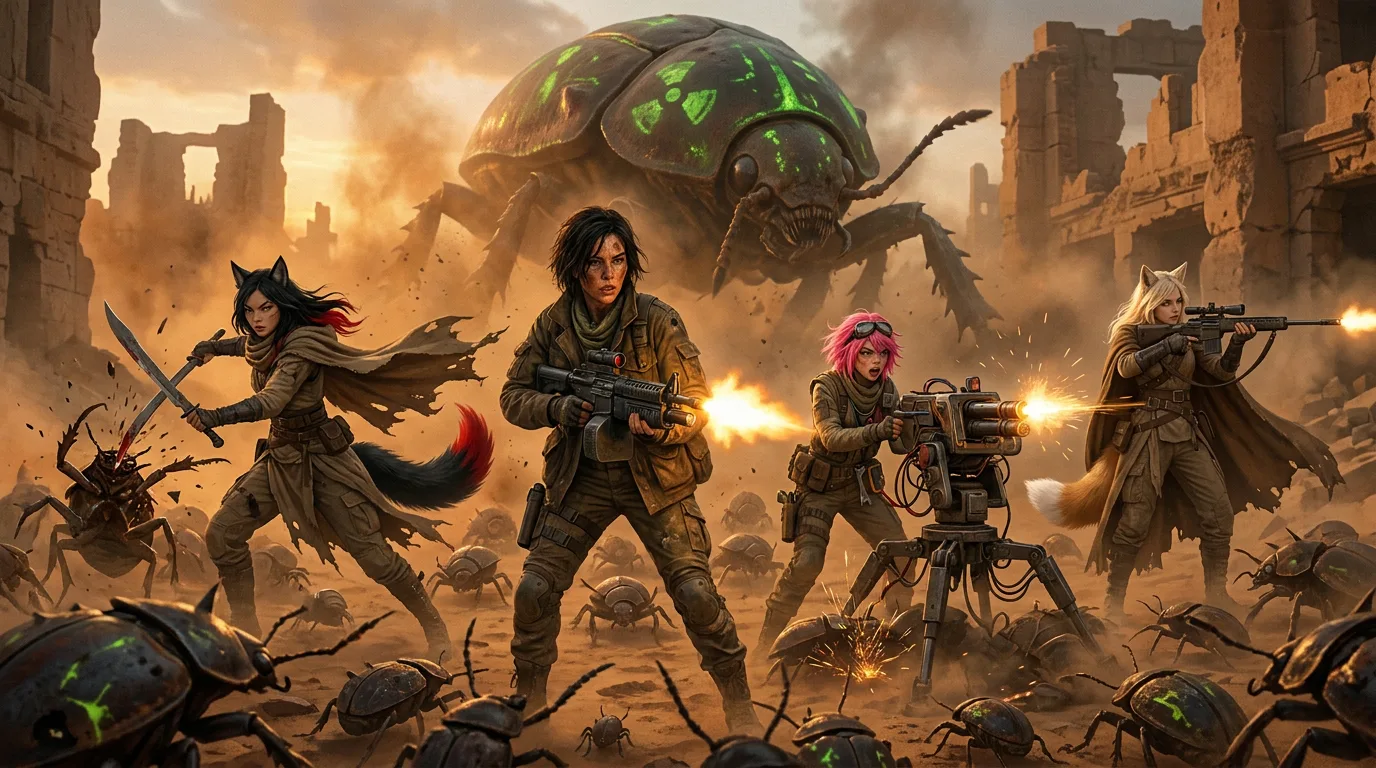 In a post-apocalyptic desert landscape three