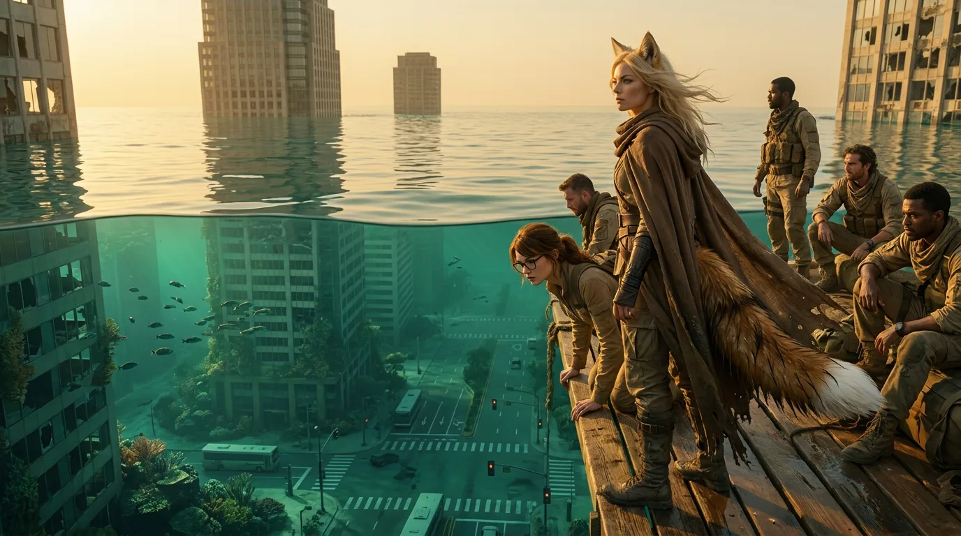In a post-apocalyptic flooded cityscape a group