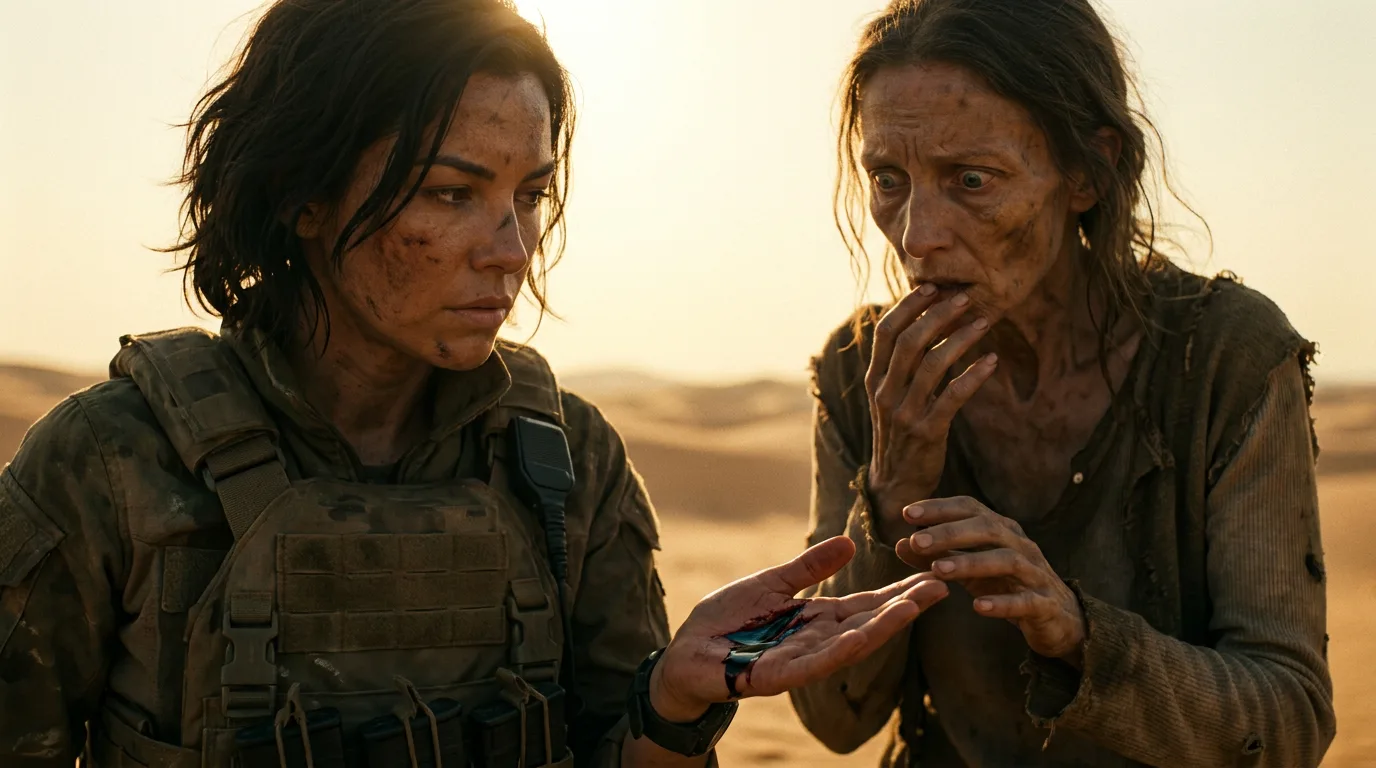 In a cinematic style two women stand in