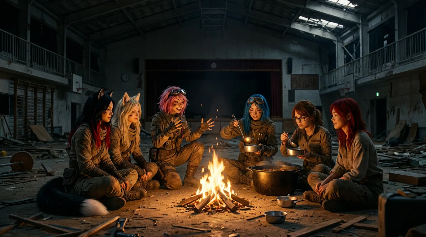 Five young women are gathered around a campfire