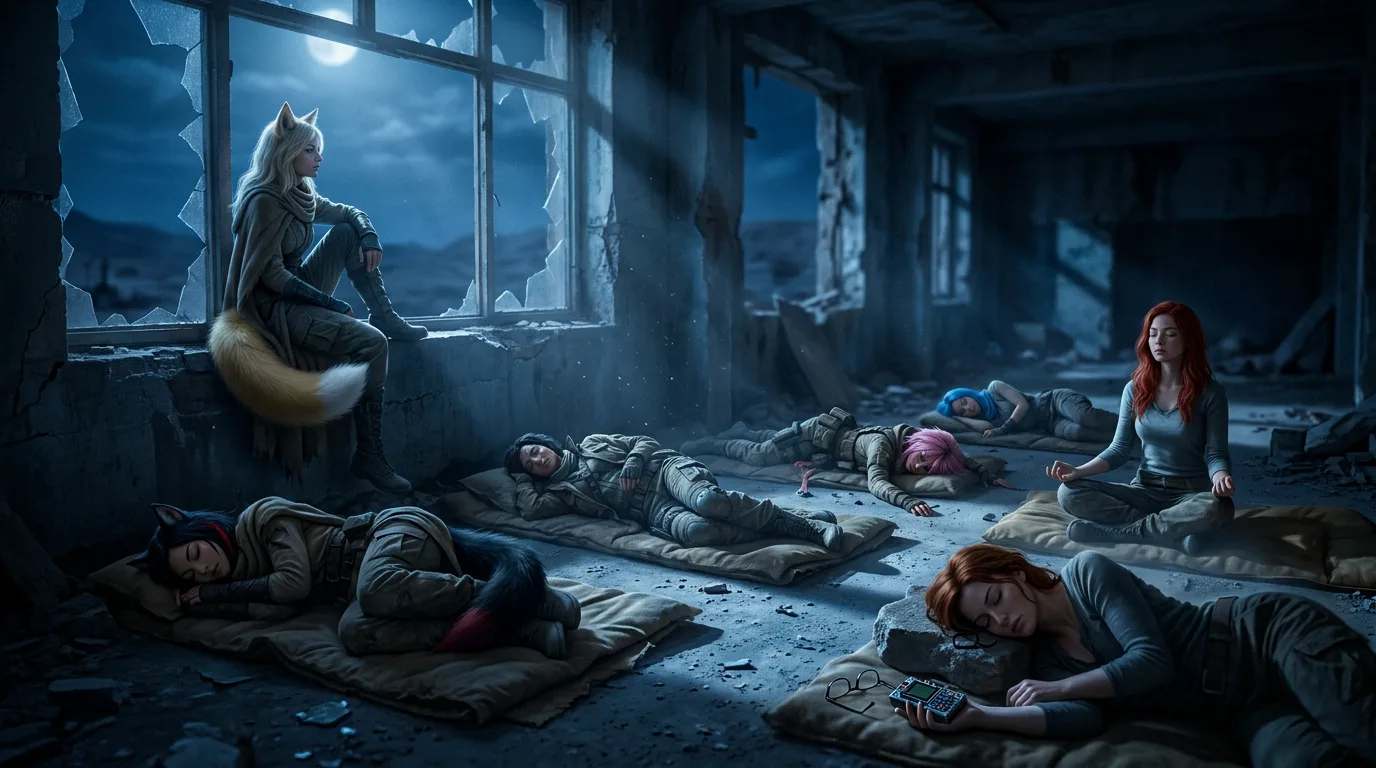 In a post-apocalyptic ruin a woman with blonde